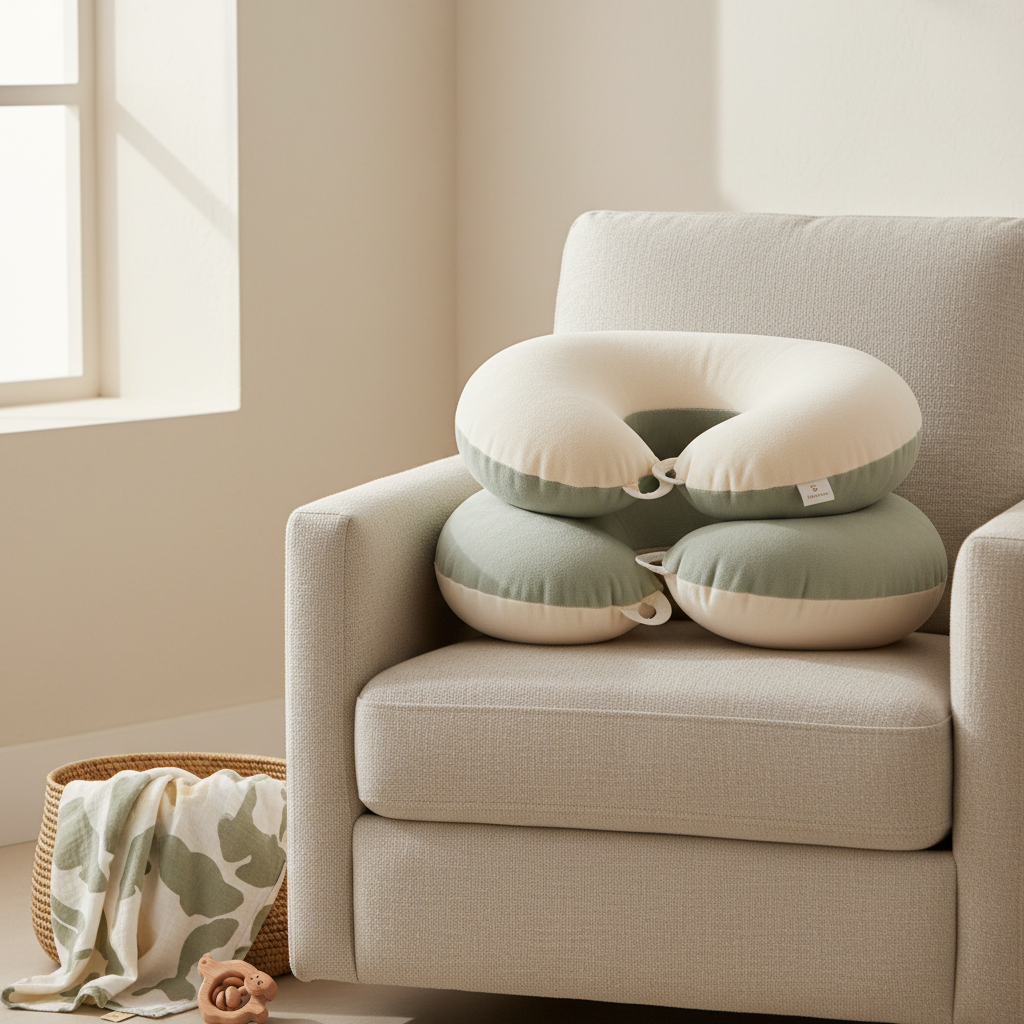 Lifestyle scene showing an adjustable nursing pillow on a neutral linen chair