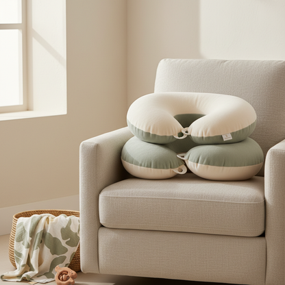 Lifestyle scene showing an adjustable nursing pillow on a neutral linen chair